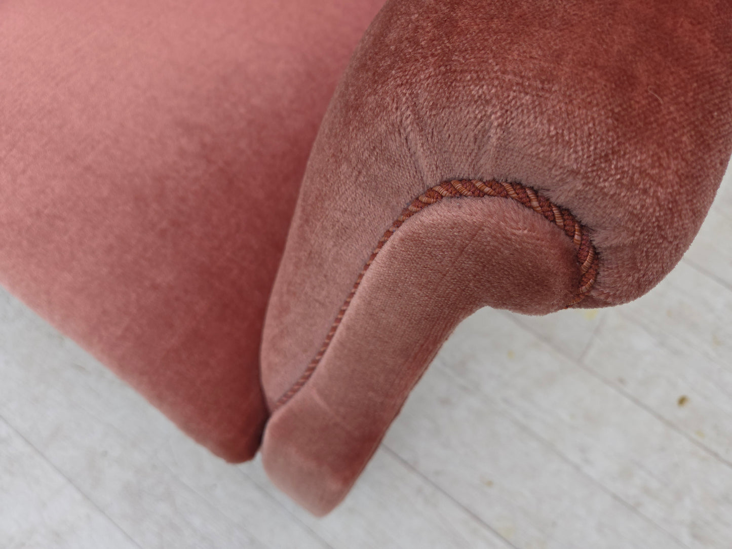 1950s, Danish armchair, salmon pink furniture velour, oak wood.