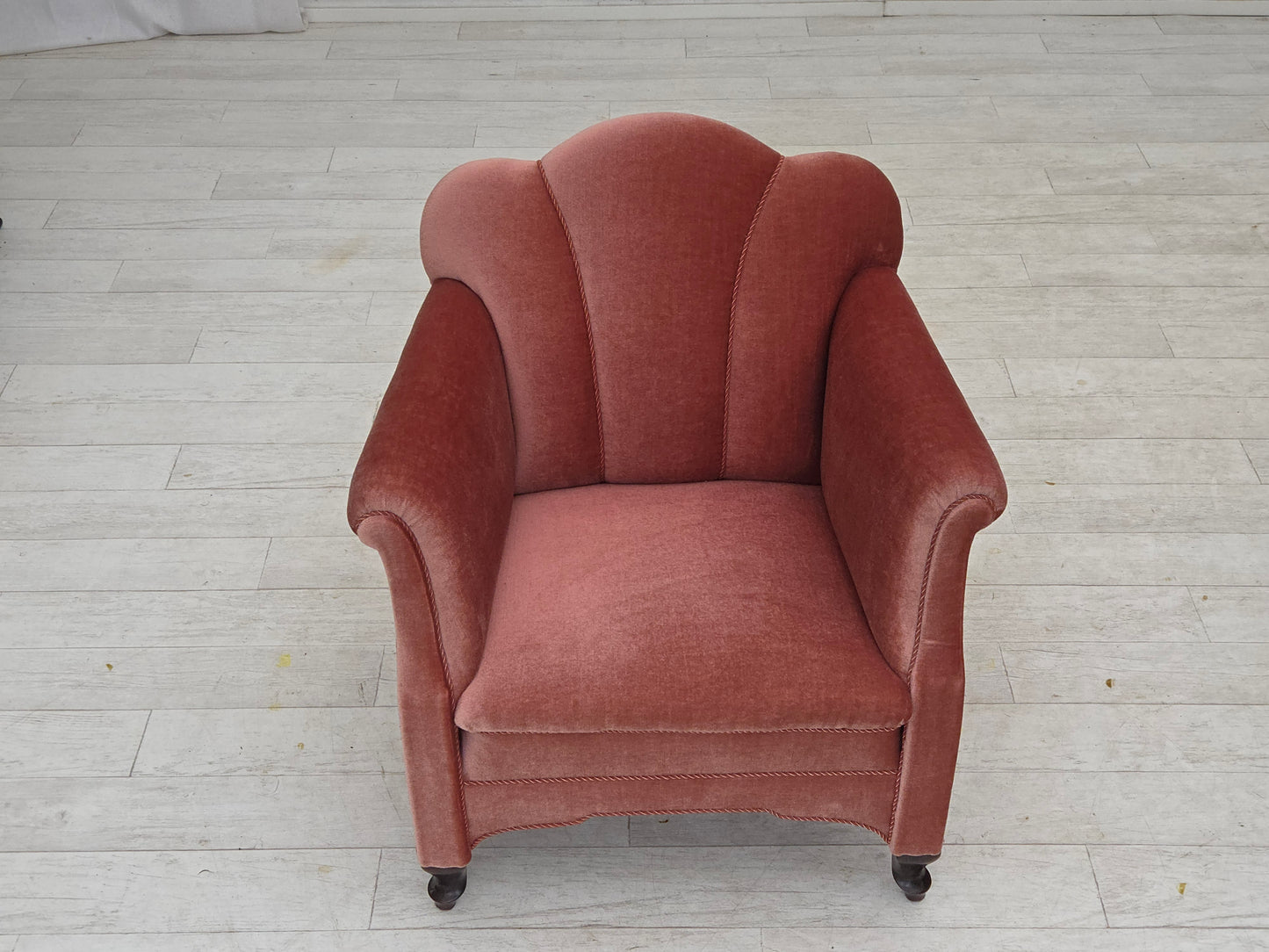 1950s, Danish armchair, salmon pink furniture velour, oak wood.