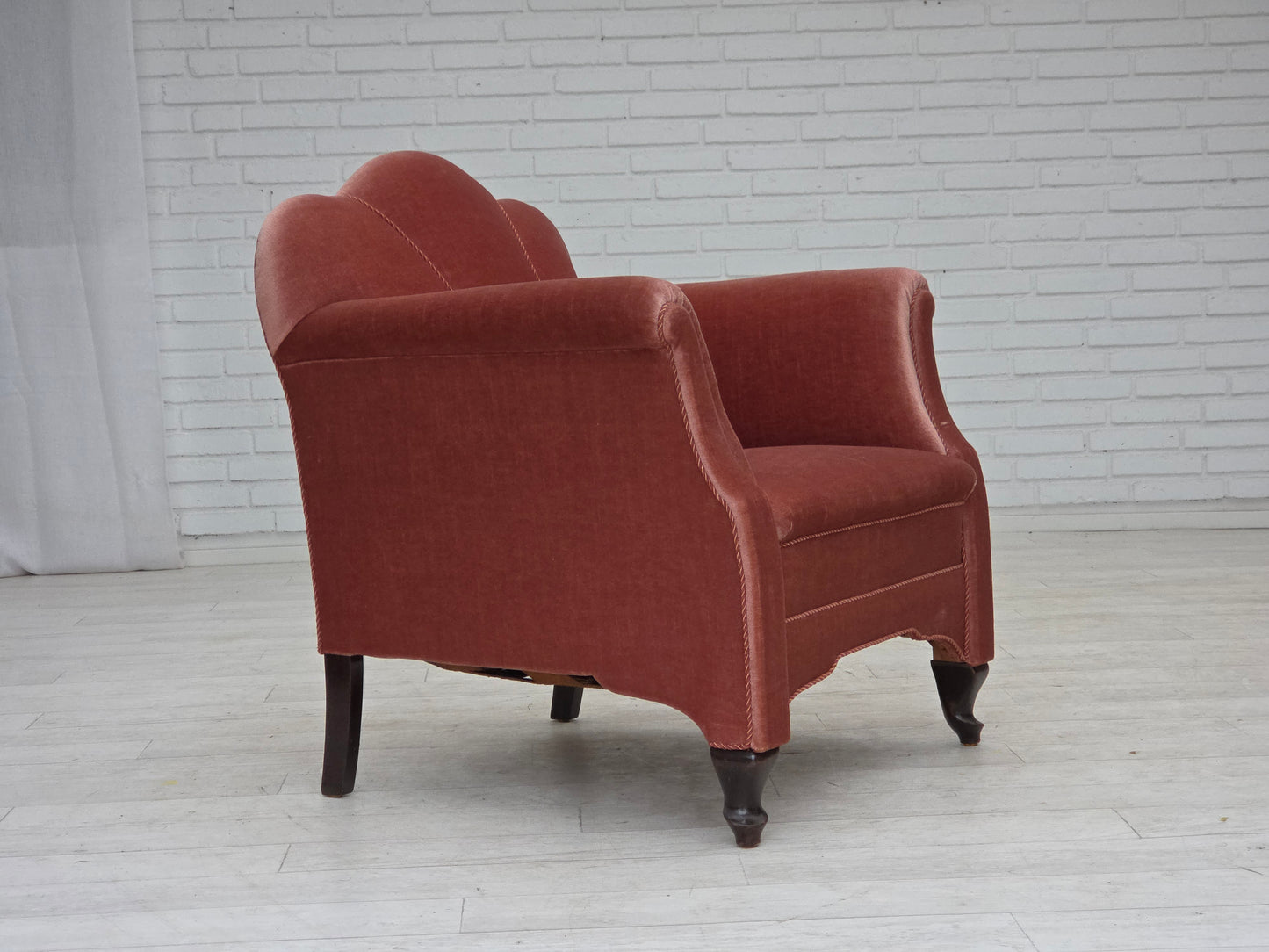 1950s, Danish armchair, salmon pink furniture velour, oak wood.