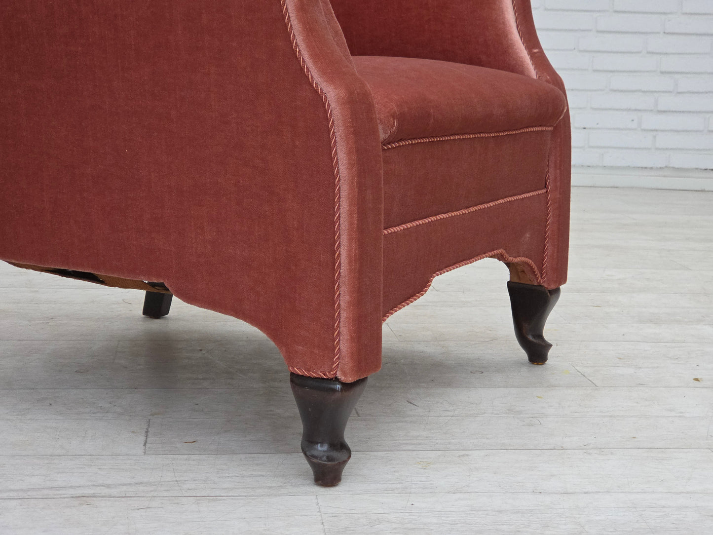 1950s, Danish armchair, salmon pink furniture velour, oak wood.