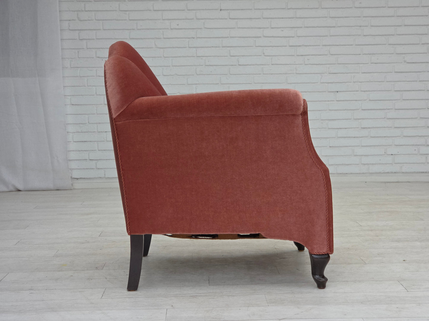1950s, Danish armchair, salmon pink furniture velour, oak wood.