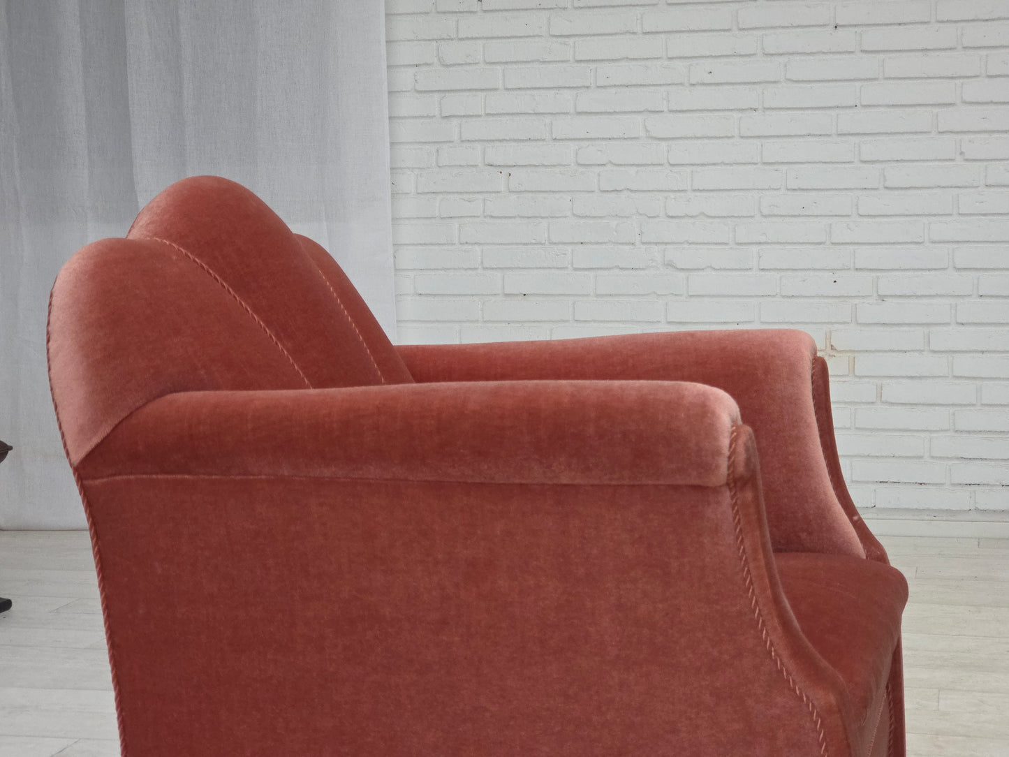 1950s, Danish armchair, salmon pink furniture velour, oak wood.