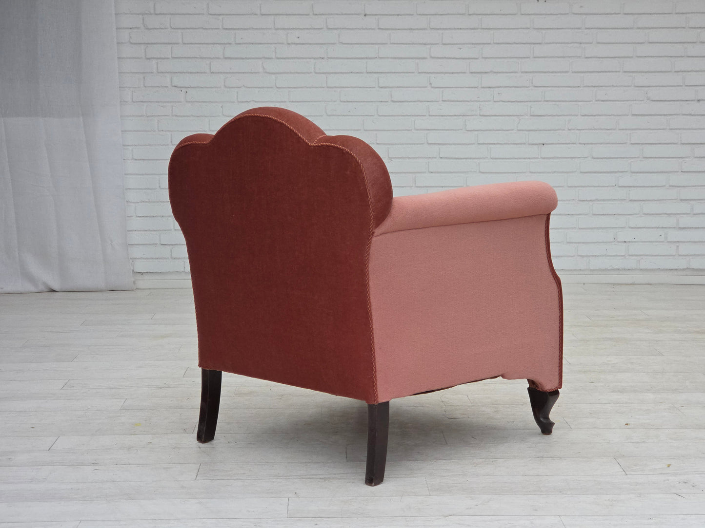 1950s, Danish armchair, salmon pink furniture velour, oak wood.