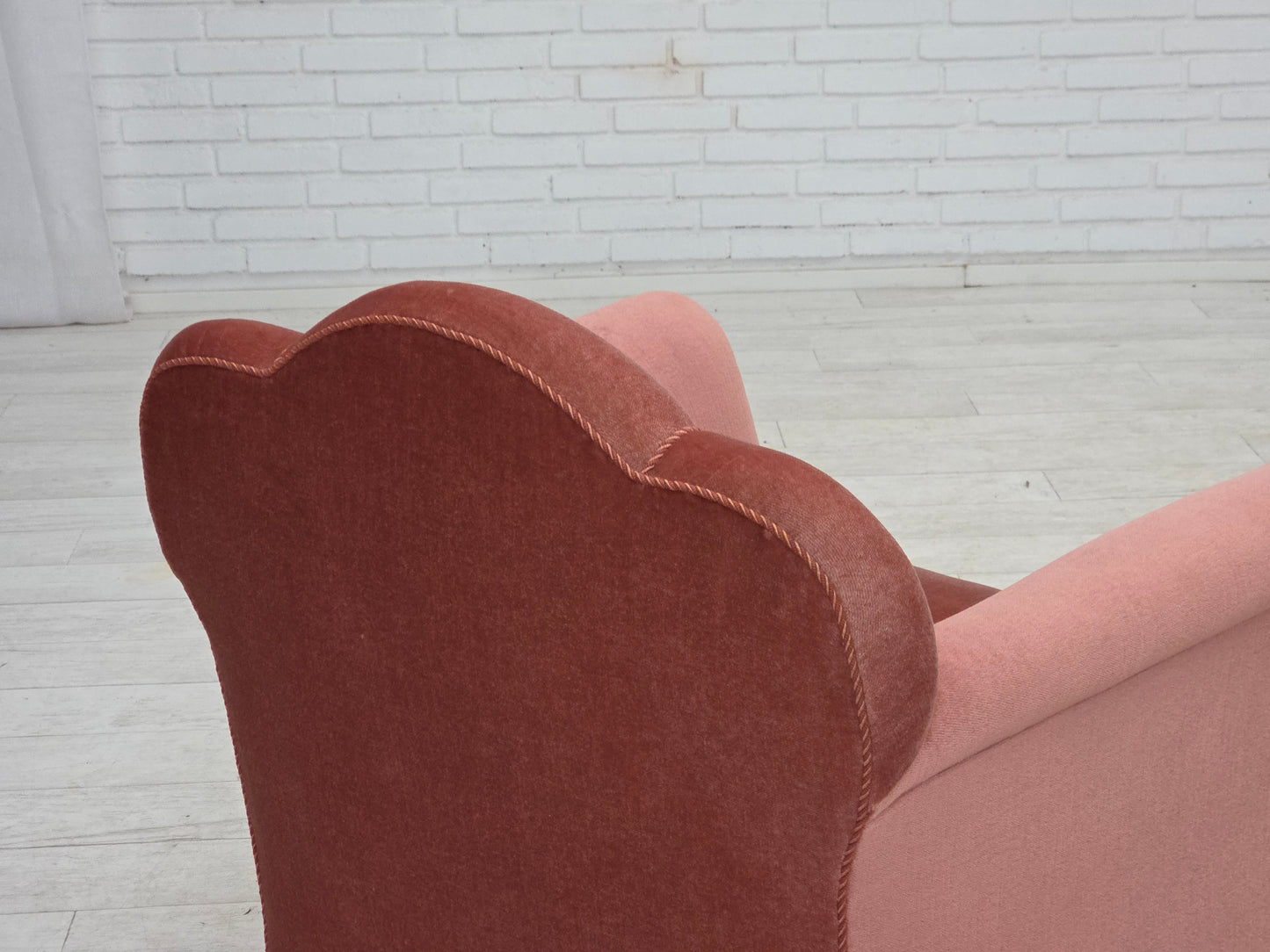 1950s, Danish armchair, salmon pink furniture velour, oak wood.
