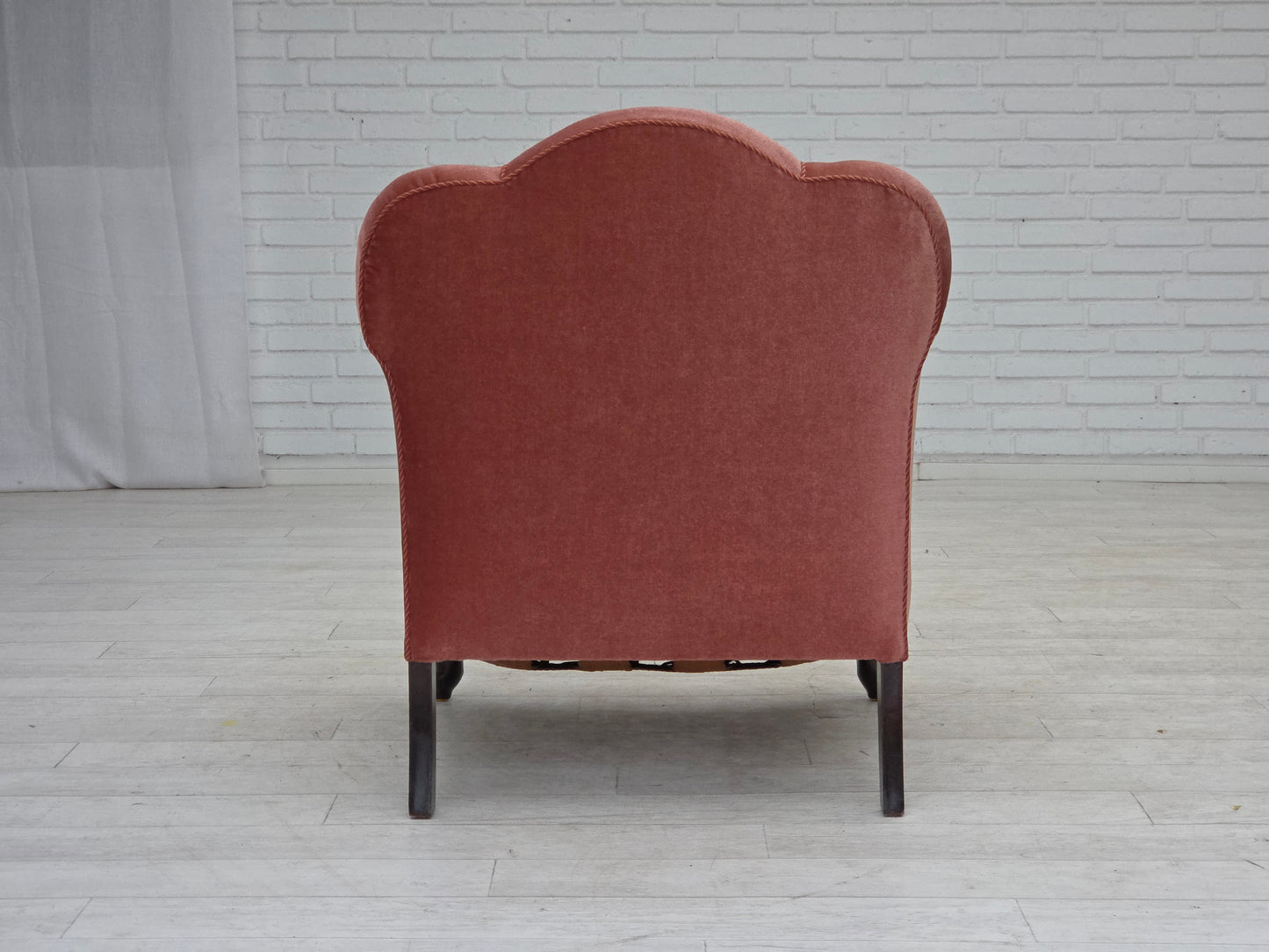 1950s, Danish armchair, salmon pink furniture velour, oak wood.