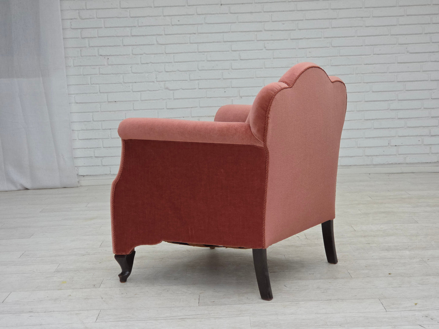 1950s, Danish armchair, salmon pink furniture velour, oak wood.