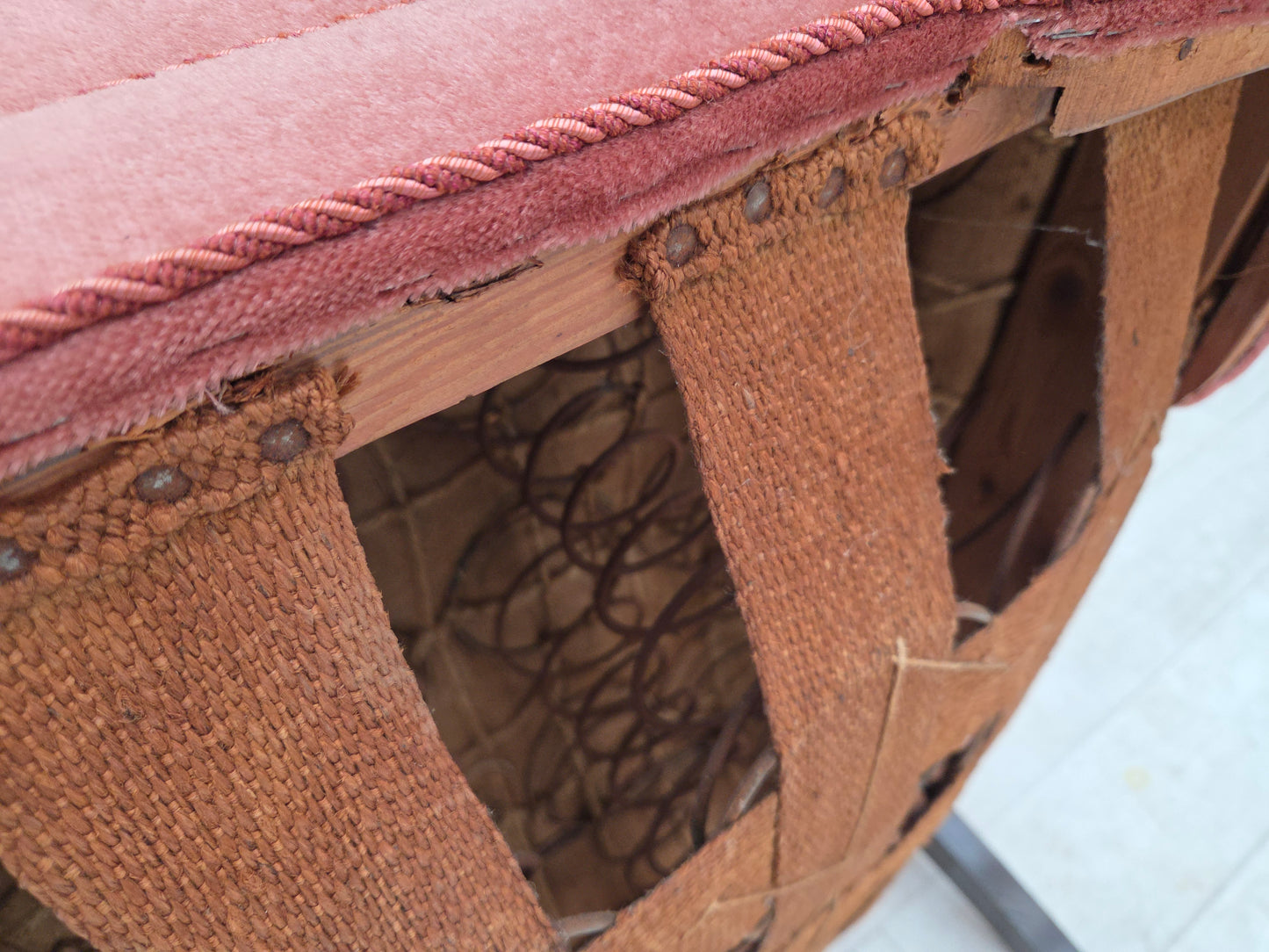 1950s, Danish armchair, salmon pink furniture velour, oak wood.