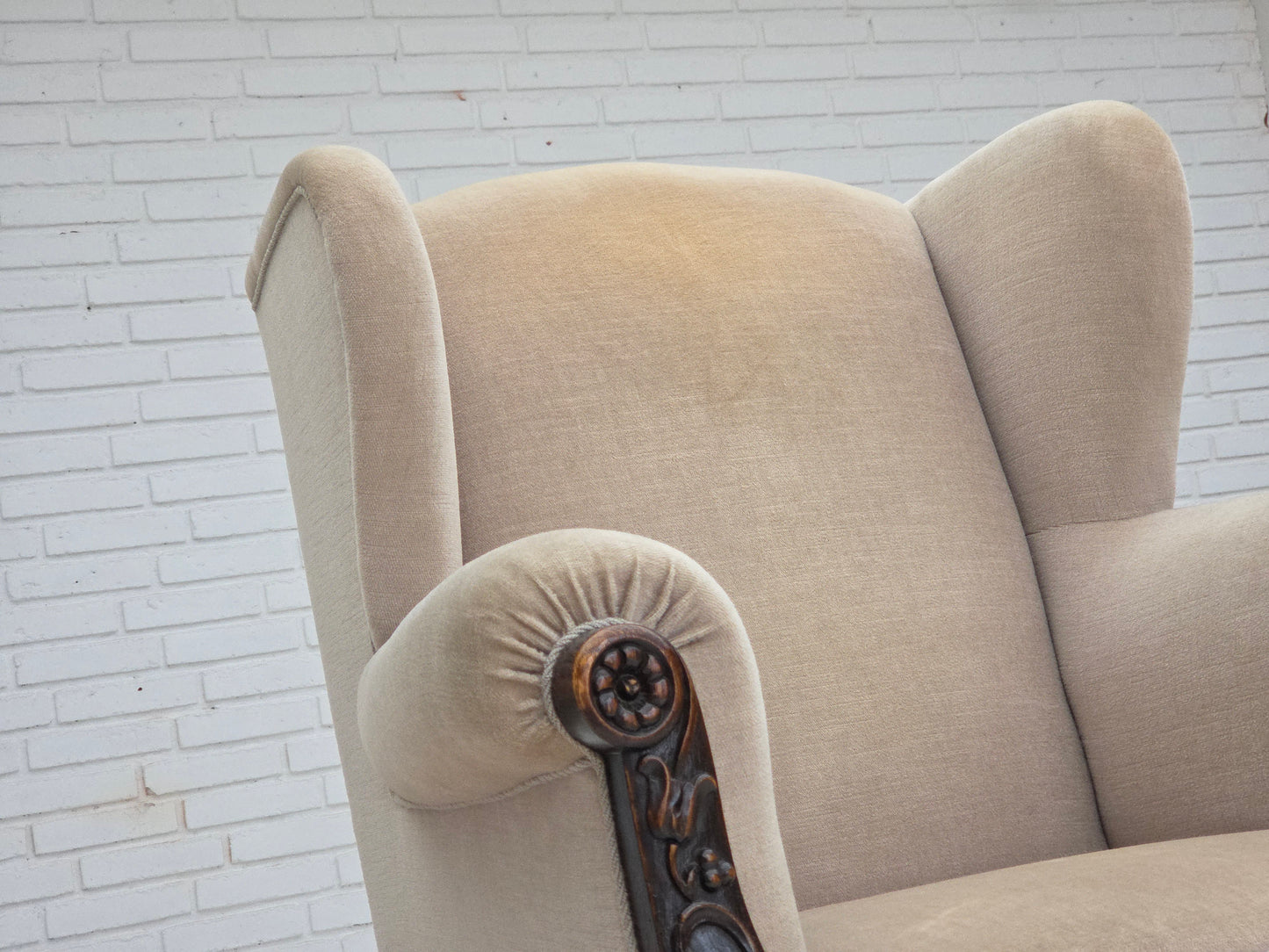 1960s, Danish wingback armchair, furniture velour, carved oak wood.
