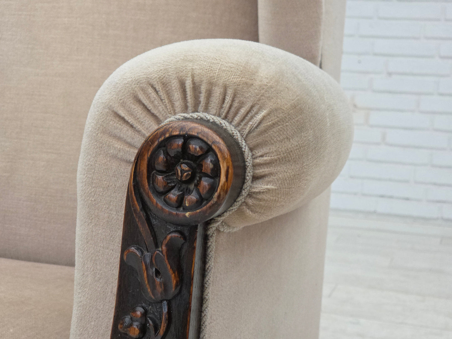1960s, Danish wingback armchair, furniture velour, carved oak wood.
