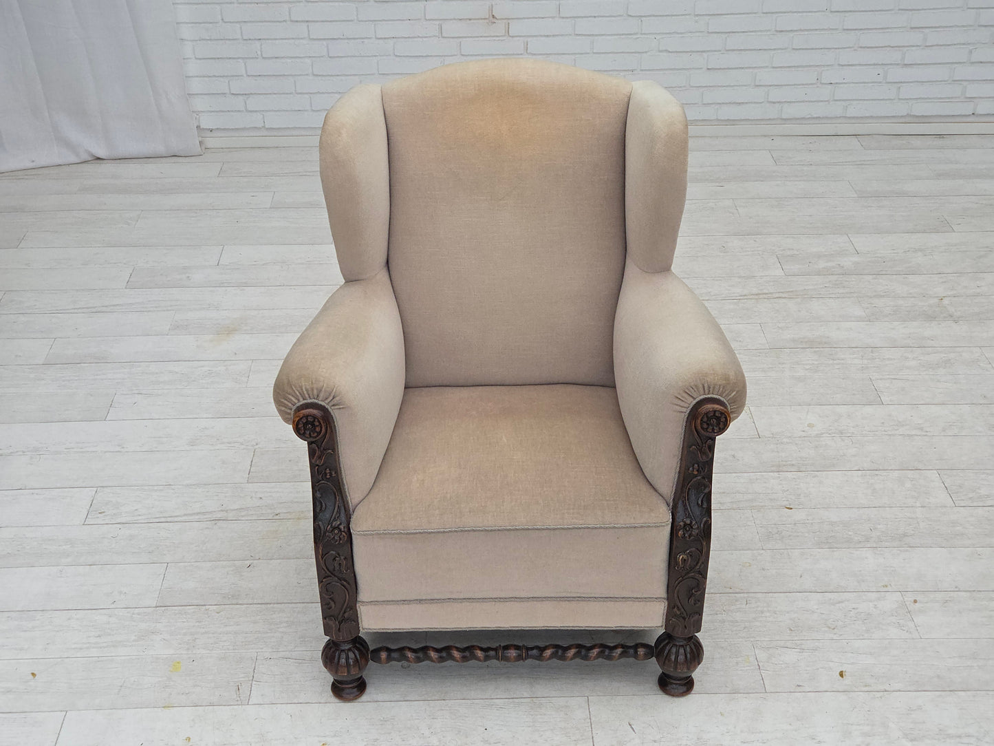 1960s, Danish wingback armchair, furniture velour, carved oak wood.