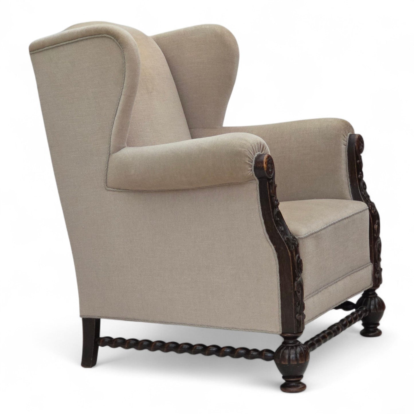 1960s, Danish wingback armchair, furniture velour, carved oak wood.