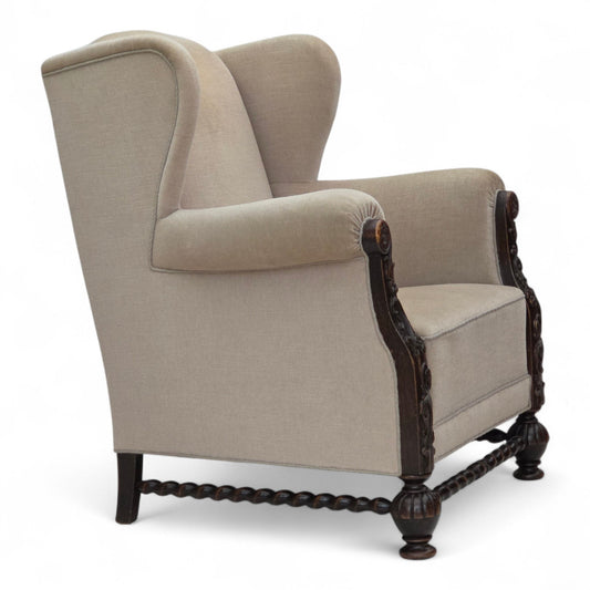 1960s, Danish wingback armchair, furniture velour, carved oak wood.