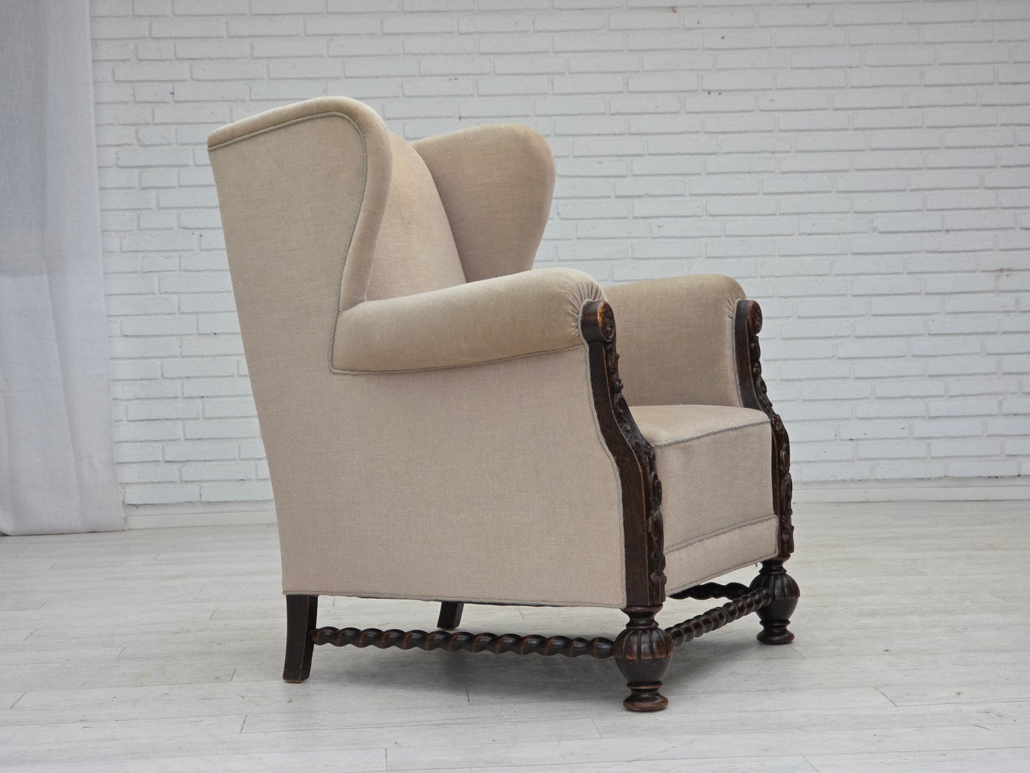 1960s, Danish wingback armchair, furniture velour, carved oak wood.