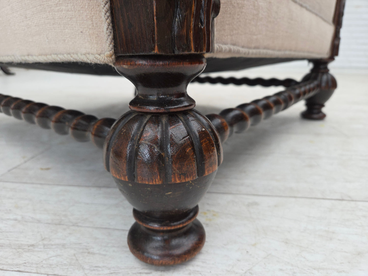 1960s, Danish wingback armchair, furniture velour, carved oak wood.