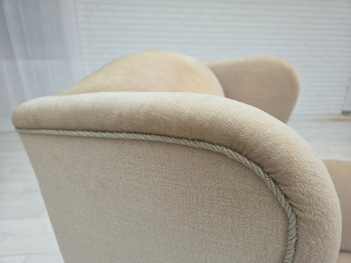 1960s, Danish wingback armchair, furniture velour, carved oak wood.