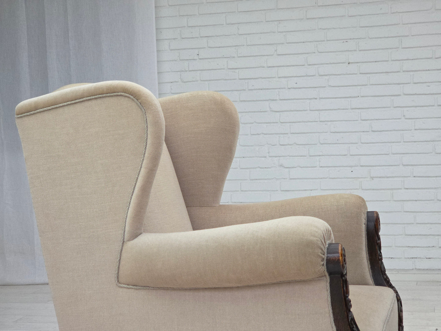 1960s, Danish wingback armchair, furniture velour, carved oak wood.