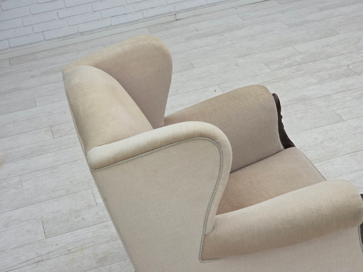 1960s, Danish wingback armchair, furniture velour, carved oak wood.