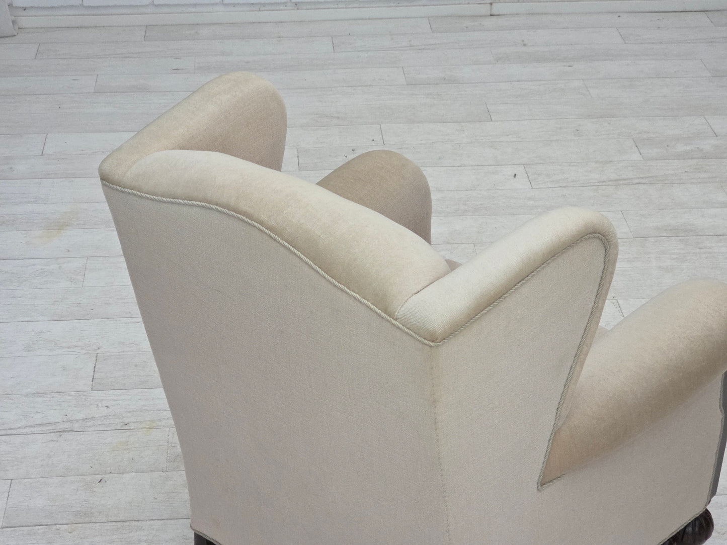 1960s, Danish wingback armchair, furniture velour, carved oak wood.