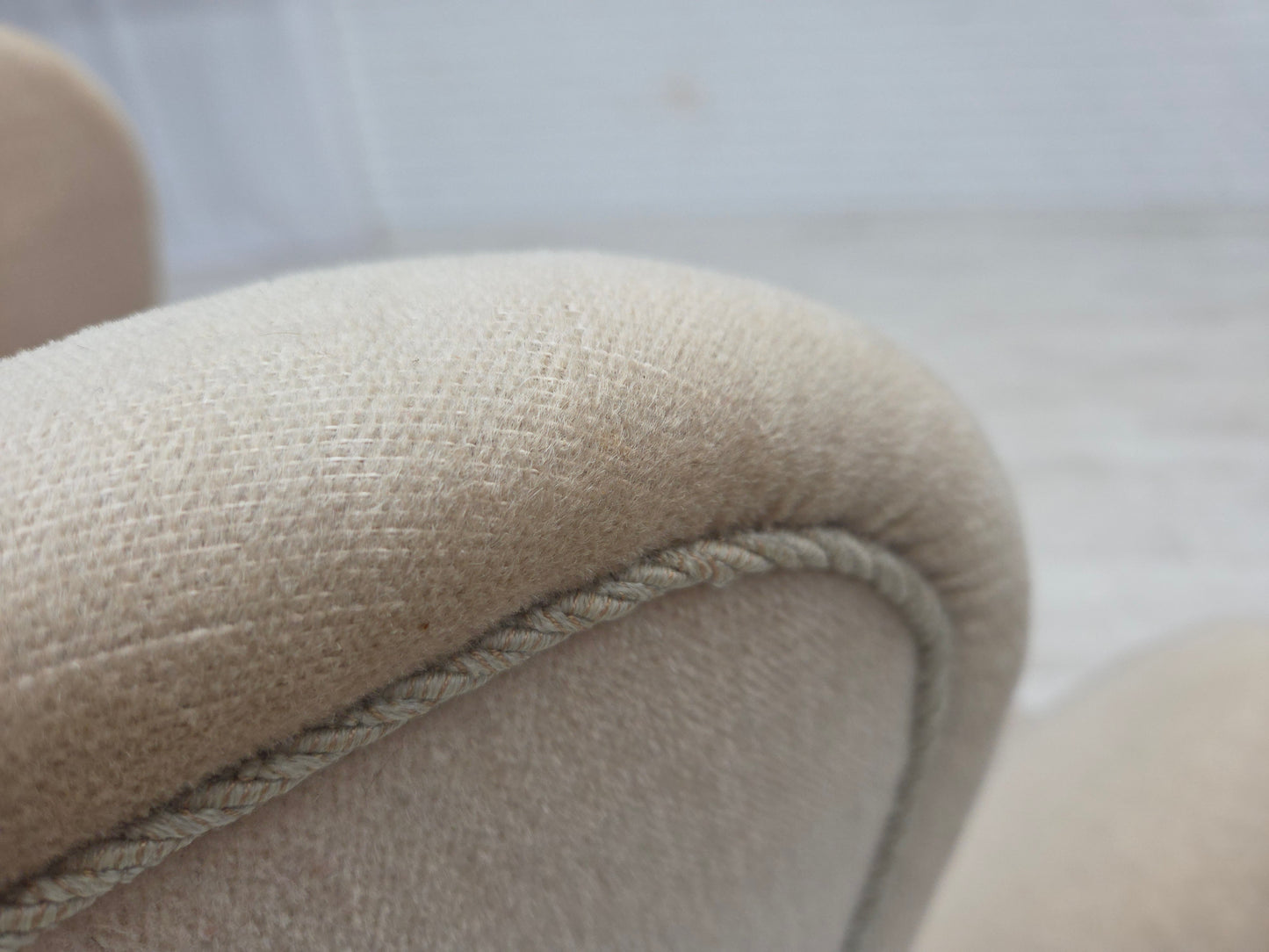 1960s, Danish wingback armchair, furniture velour, carved oak wood.