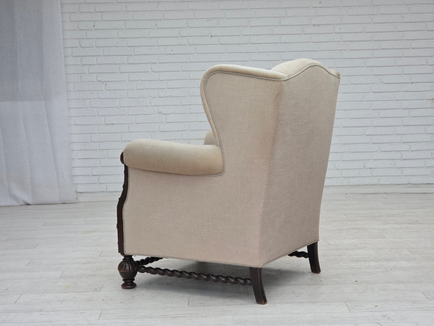 1960s, Danish wingback armchair, furniture velour, carved oak wood.