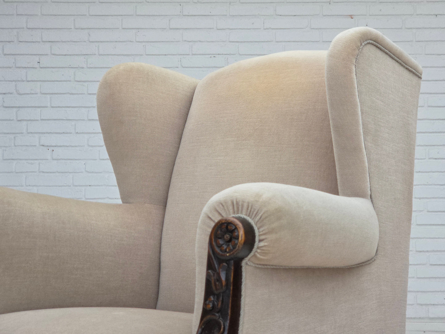 1960s, Danish wingback armchair, furniture velour, carved oak wood.