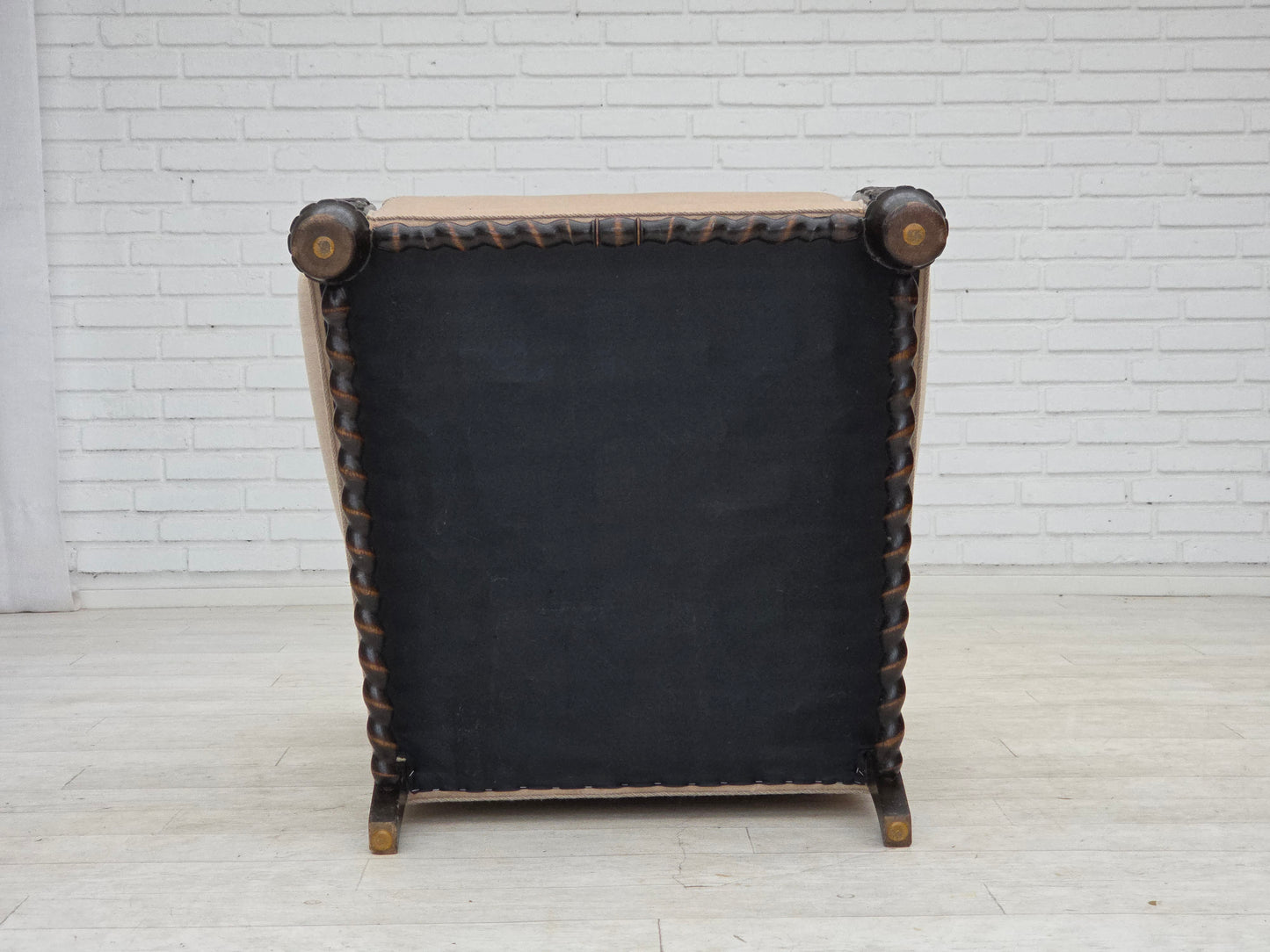 1960s, Danish wingback armchair, furniture velour, carved oak wood.