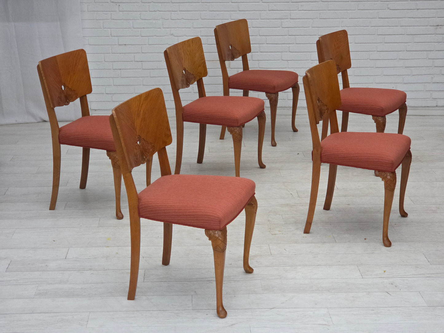 1950s, set of 6 Danish dining chairs, furniture wool, solid oak wood.