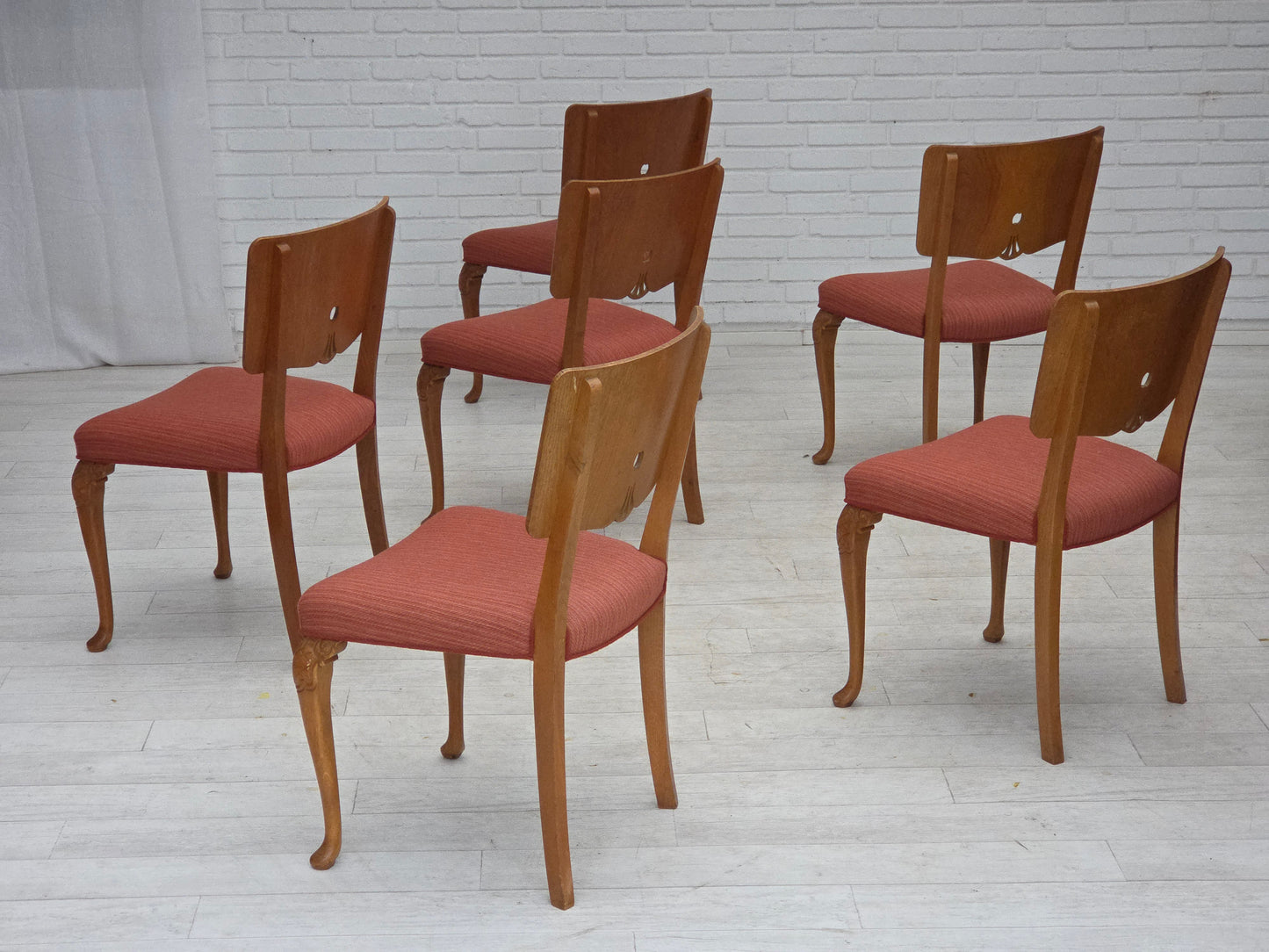 1950s, set of 6 Danish dining chairs, furniture wool, solid oak wood.