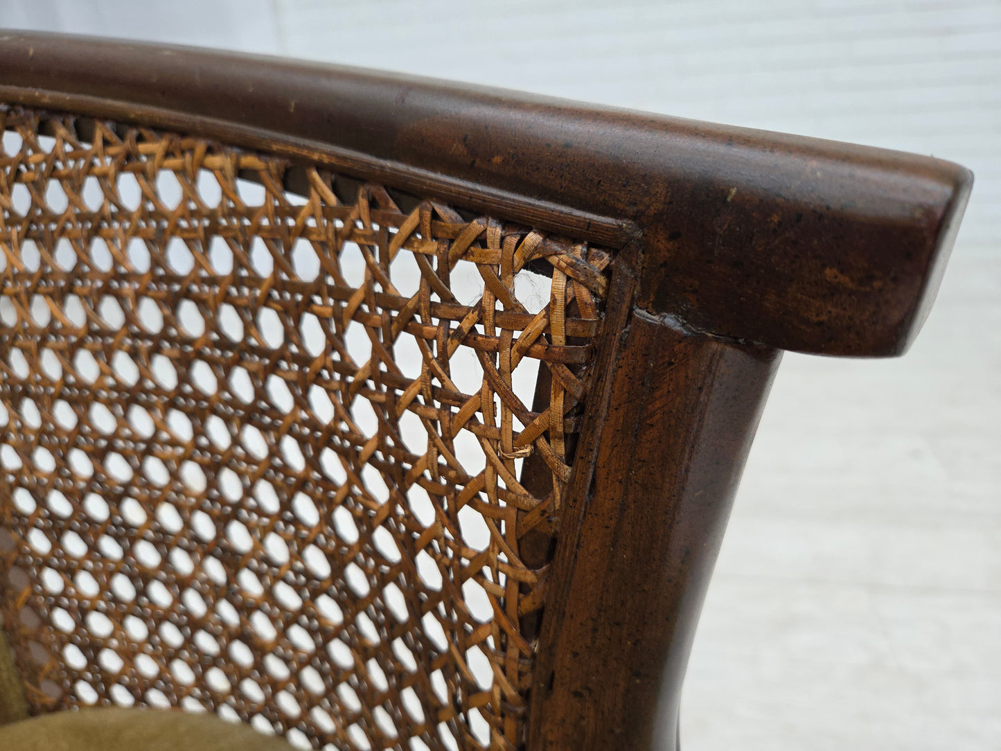 1950s, Danish easy chair, furniture velour, furniture mesh, oak wood.