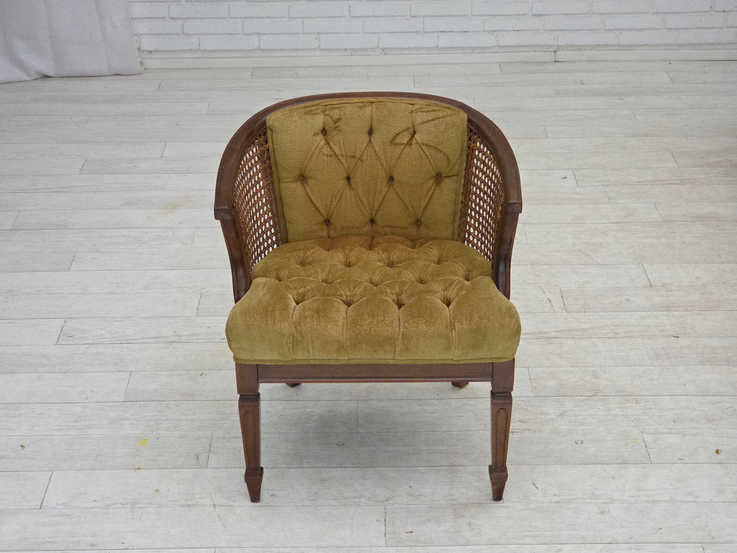 1950s, Danish easy chair, furniture velour, furniture mesh, oak wood.