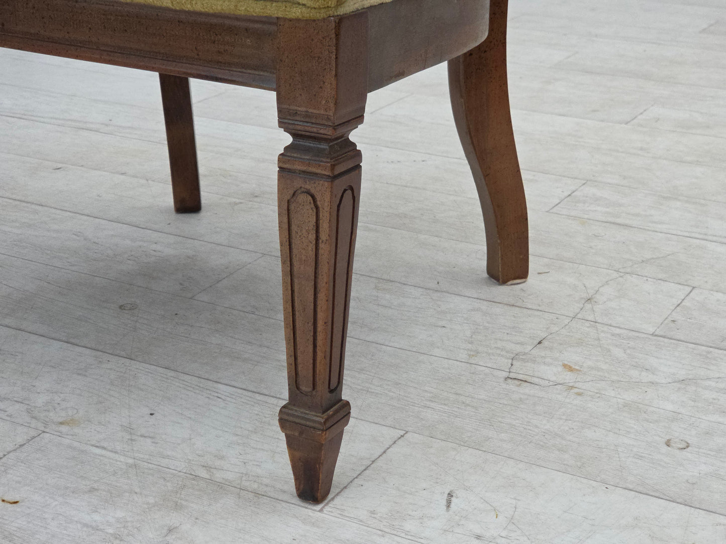 1950s, Danish easy chair, furniture velour, furniture mesh, oak wood.