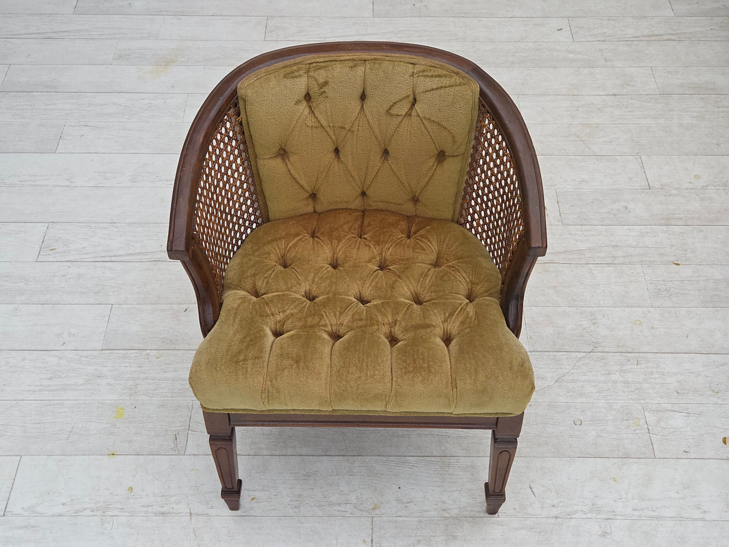 1950s, Danish easy chair, furniture velour, furniture mesh, oak wood.