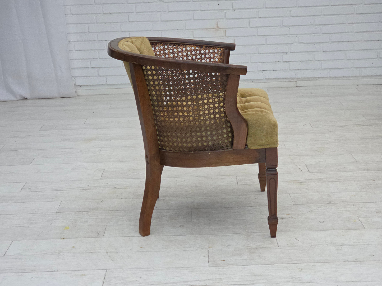 1950s, Danish easy chair, furniture velour, furniture mesh, oak wood.