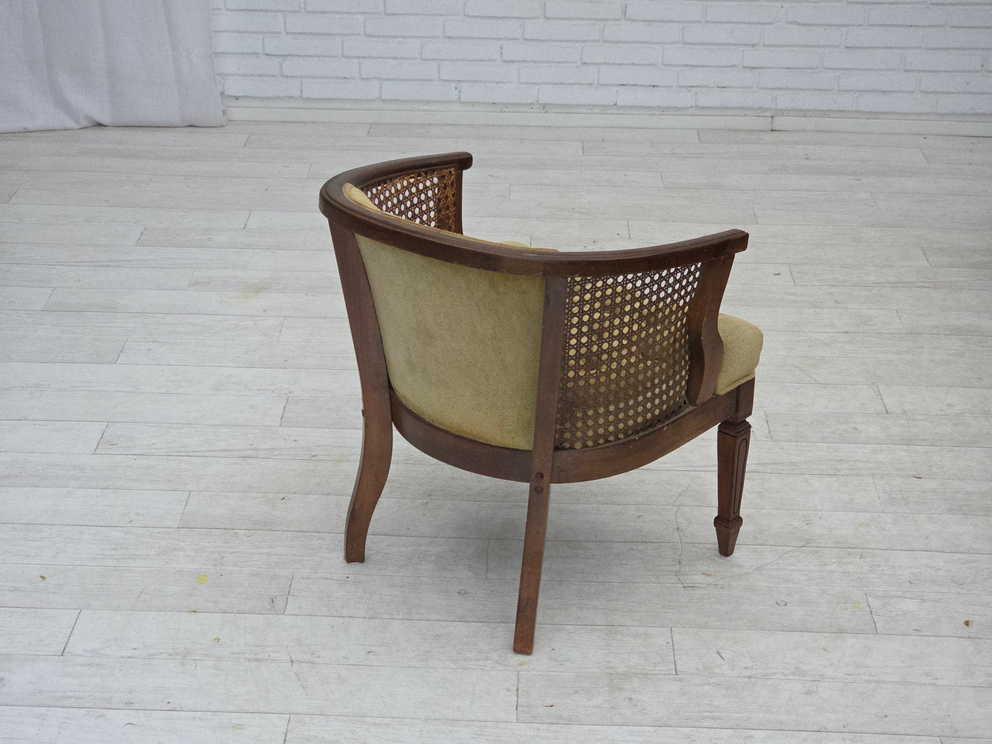 1950s, Danish easy chair, furniture velour, furniture mesh, oak wood.