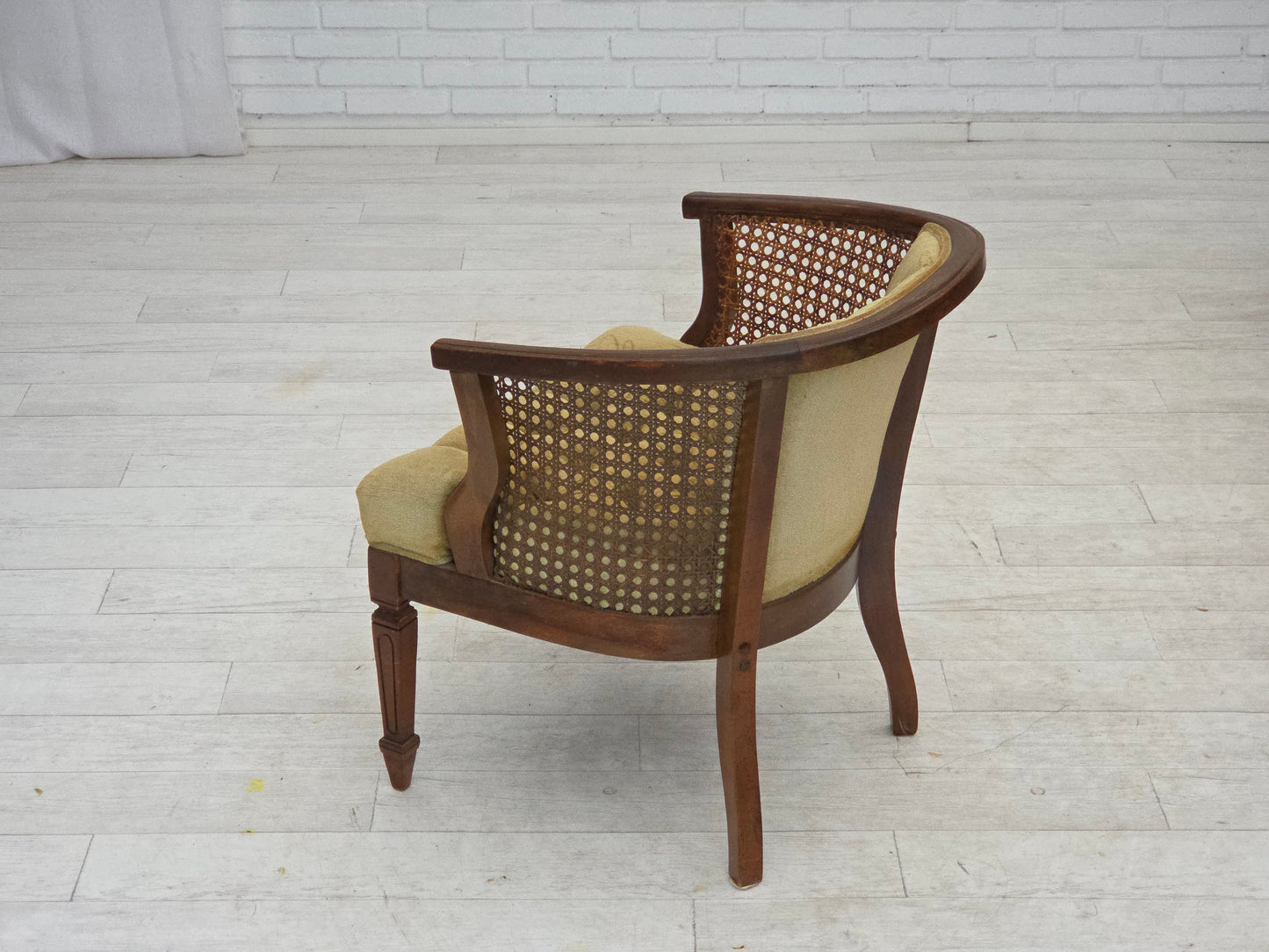 1950s, Danish easy chair, furniture velour, furniture mesh, oak wood.