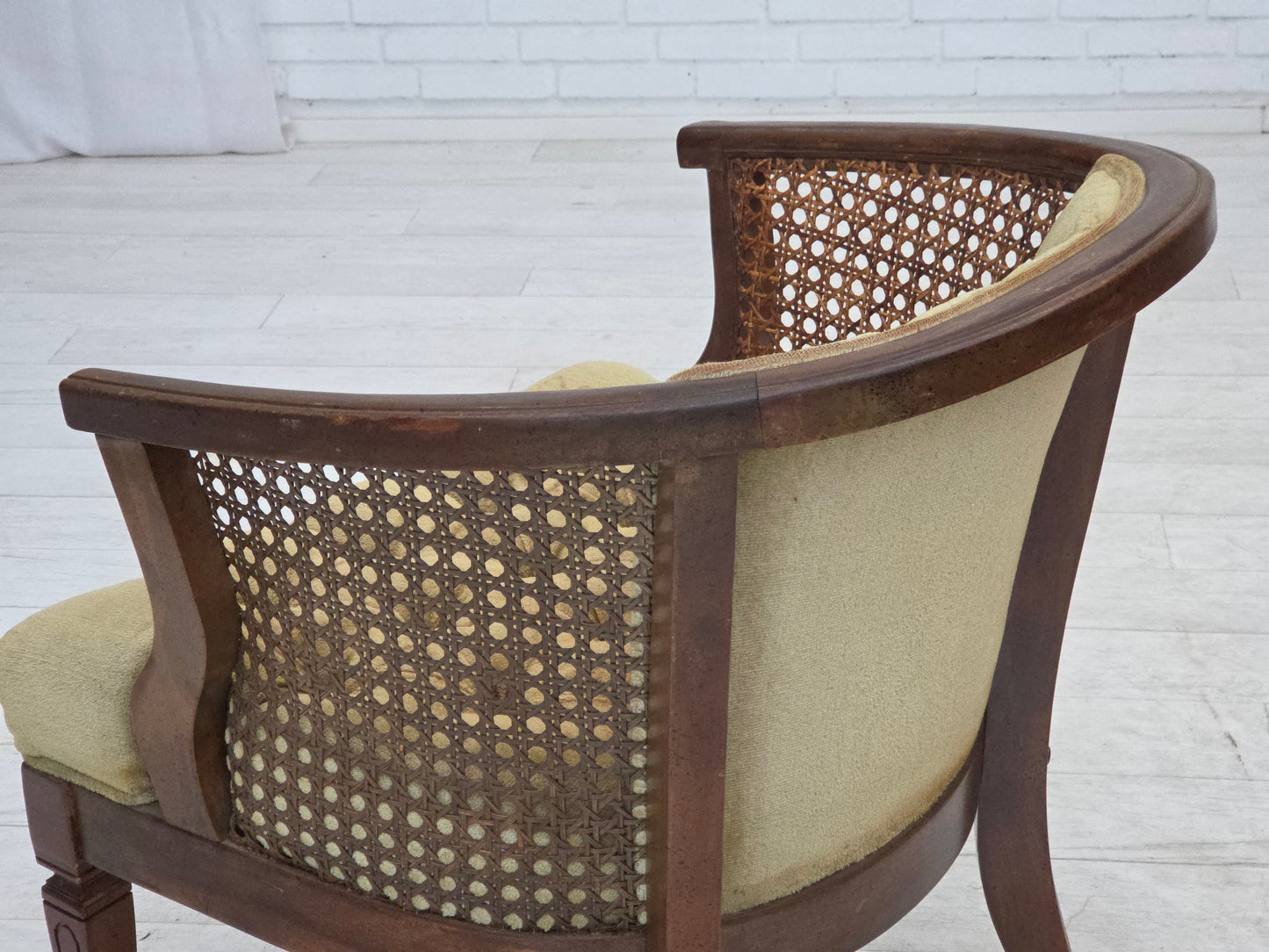 1950s, Danish easy chair, furniture velour, furniture mesh, oak wood.
