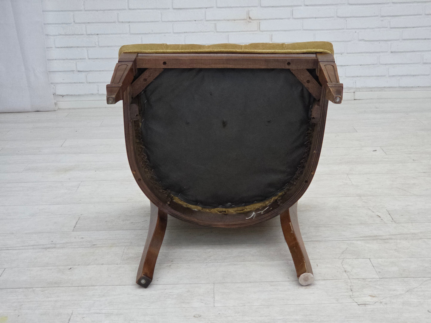 1950s, Danish easy chair, furniture velour, furniture mesh, oak wood.