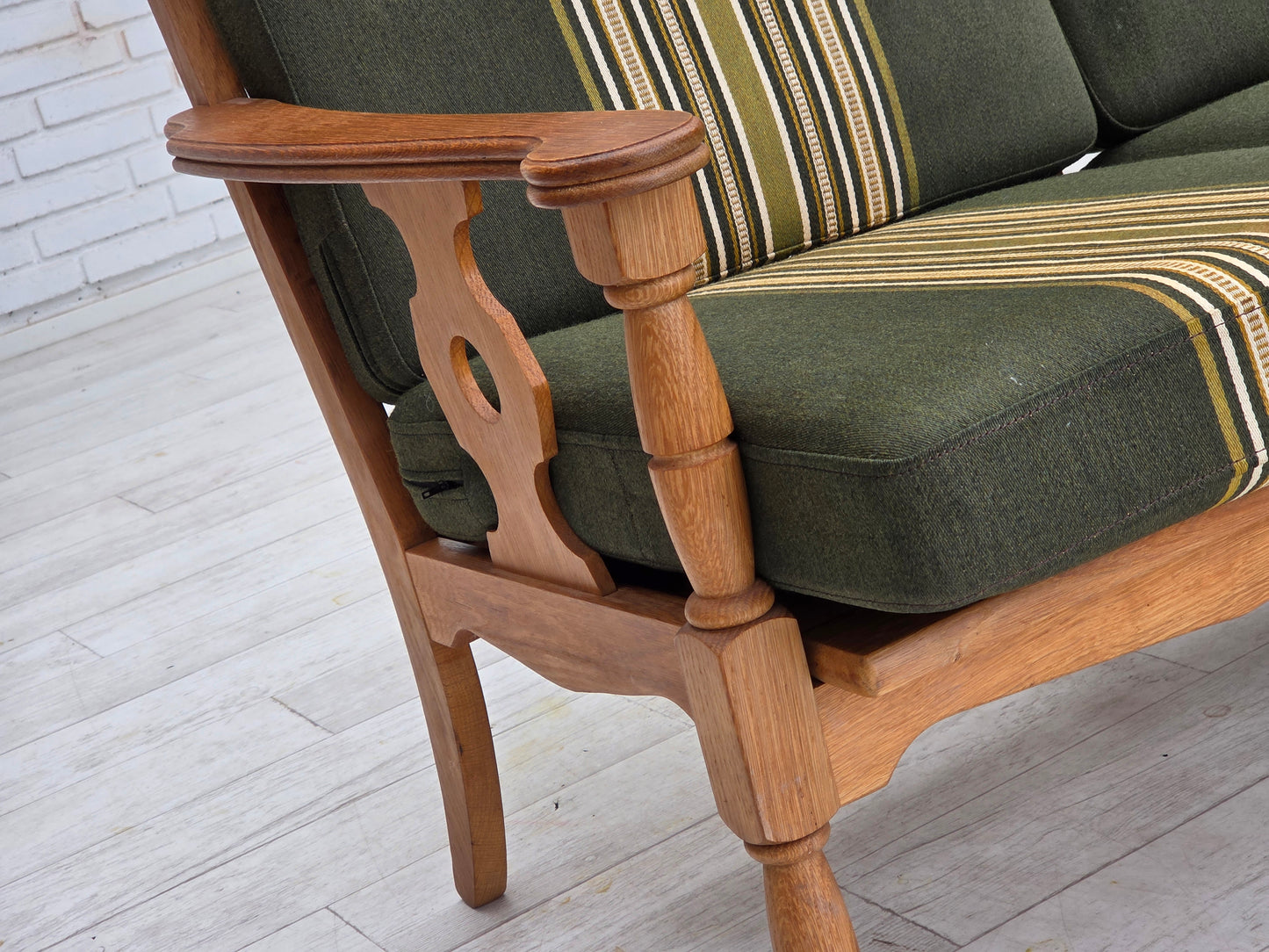 1970s, Danish 3-seater sofa, green furniture wool, solid oak wood.