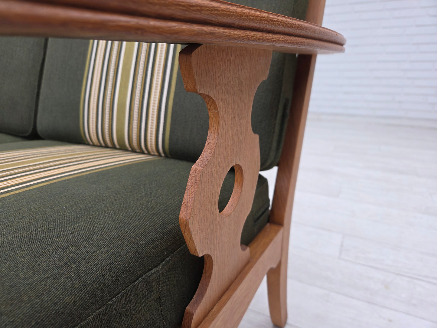1970s, Danish 3-seater sofa, green furniture wool, solid oak wood.