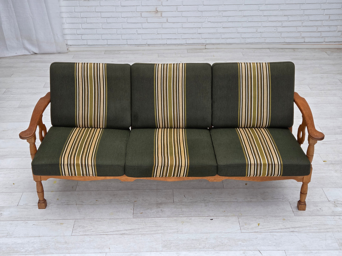 1970s, Danish 3-seater sofa, green furniture wool, solid oak wood.
