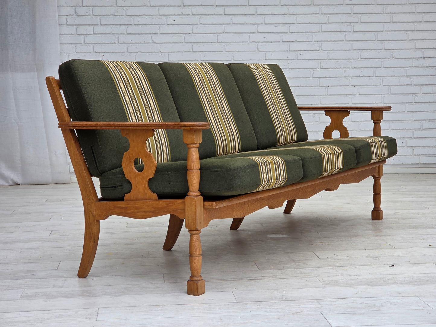 1970s, Danish 3-seater sofa, green furniture wool, solid oak wood.