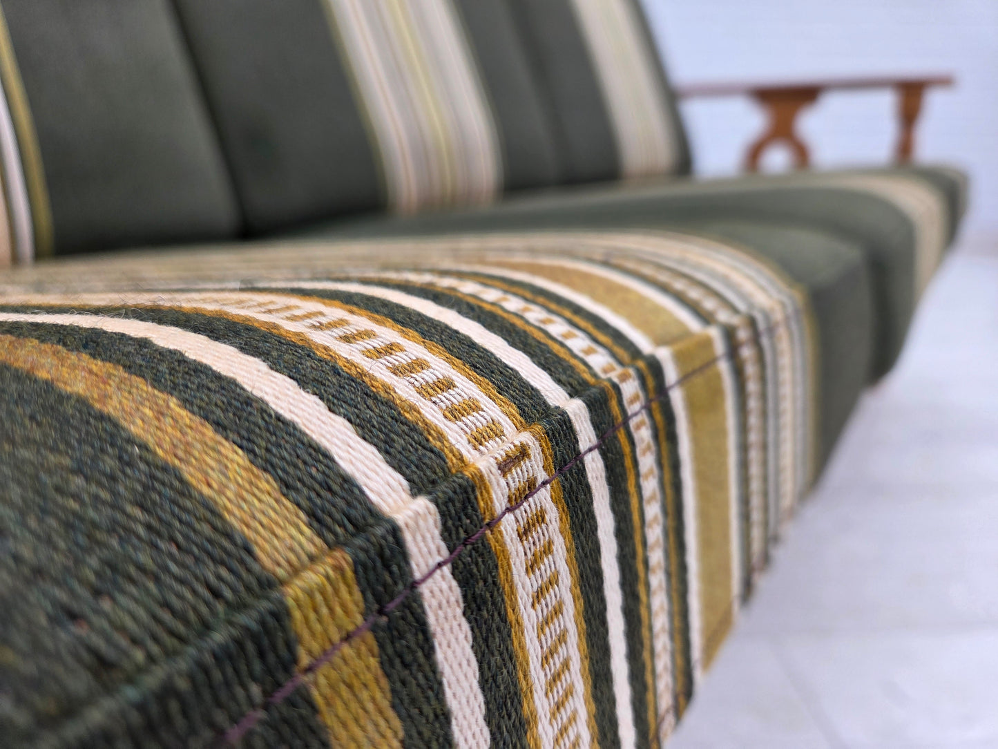 1970s, Danish 3-seater sofa, green furniture wool, solid oak wood.