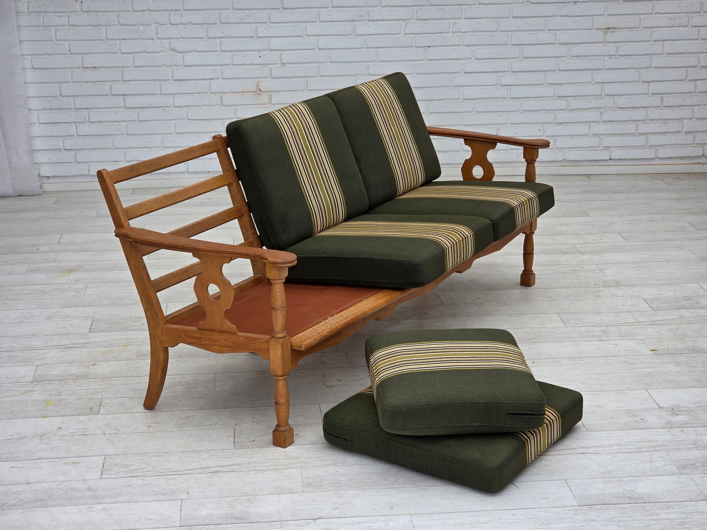 1970s, Danish 3-seater sofa, green furniture wool, solid oak wood.