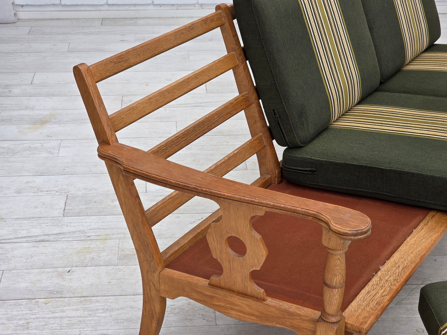 1970s, Danish 3-seater sofa, green furniture wool, solid oak wood.
