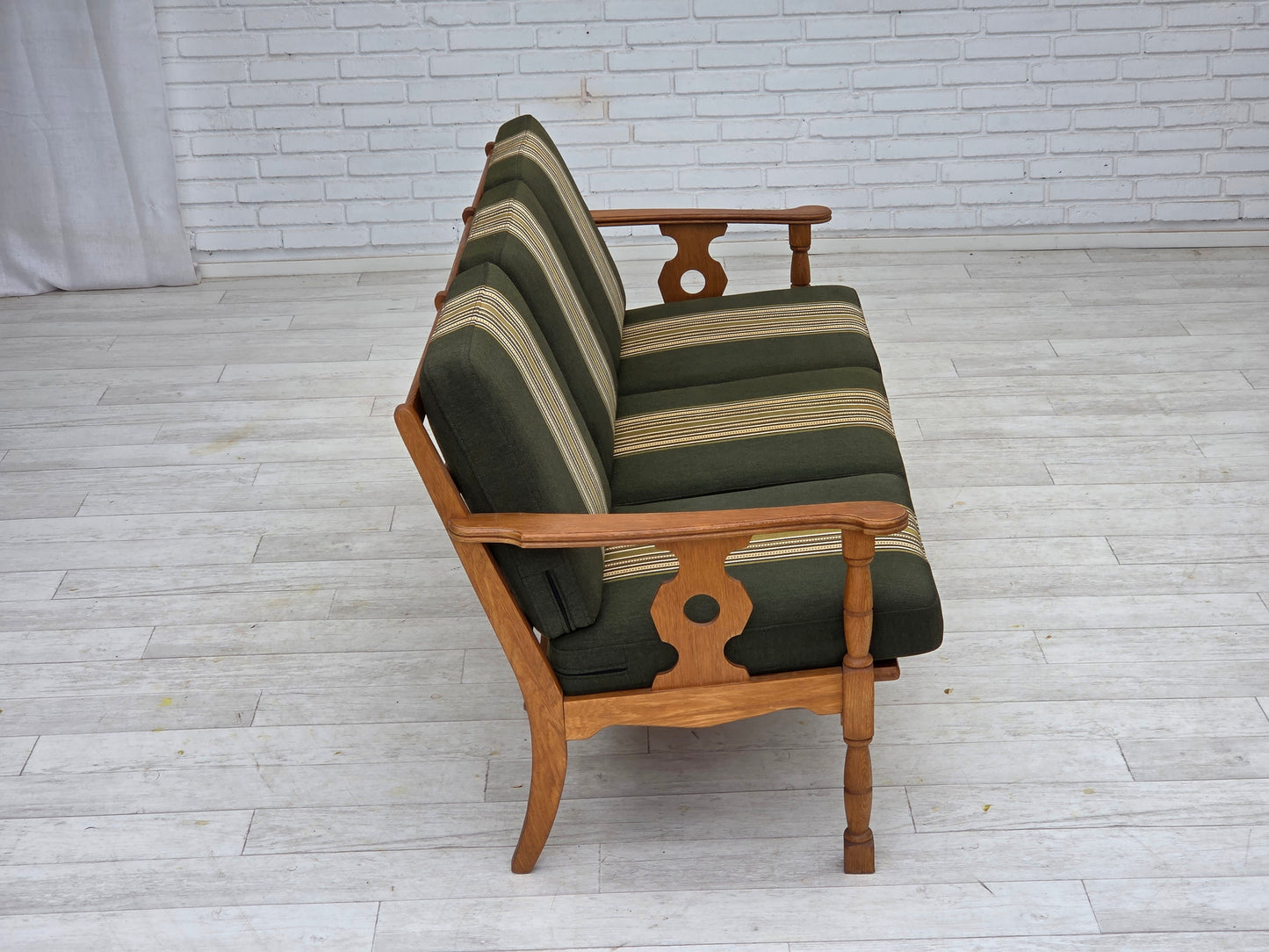 1970s, Danish 3-seater sofa, green furniture wool, solid oak wood.