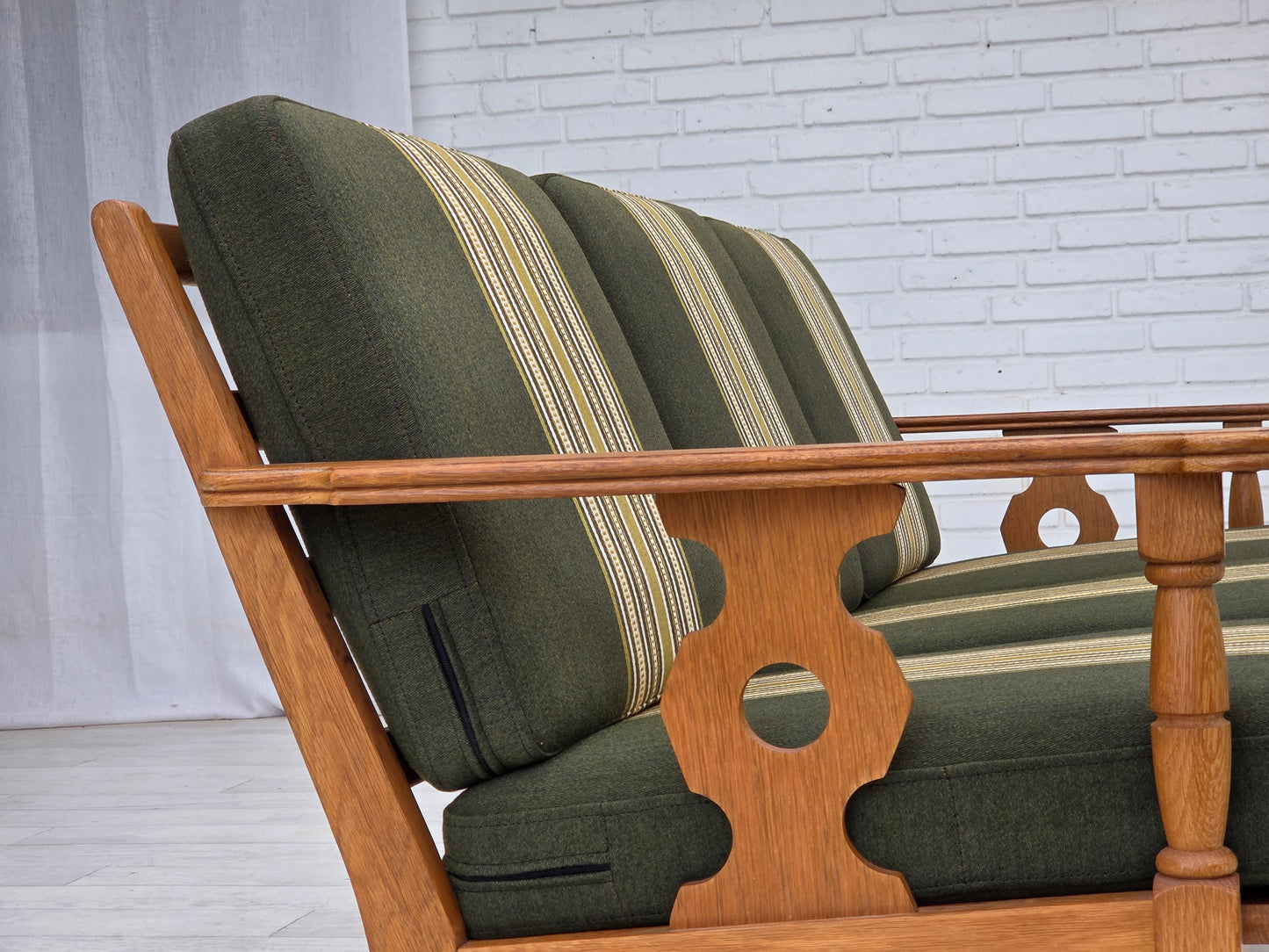 1970s, Danish 3-seater sofa, green furniture wool, solid oak wood.