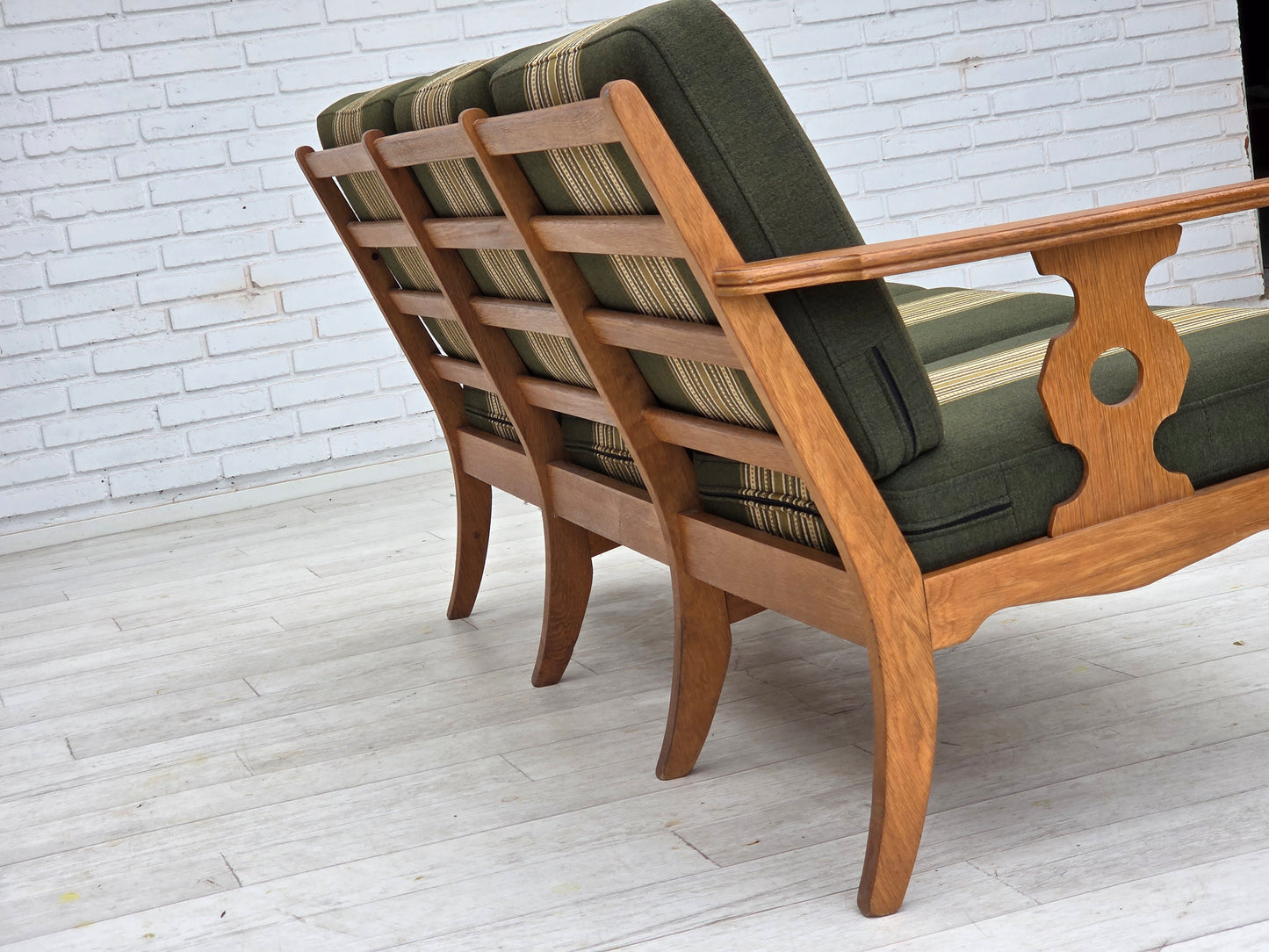 1970s, Danish 3-seater sofa, green furniture wool, solid oak wood.