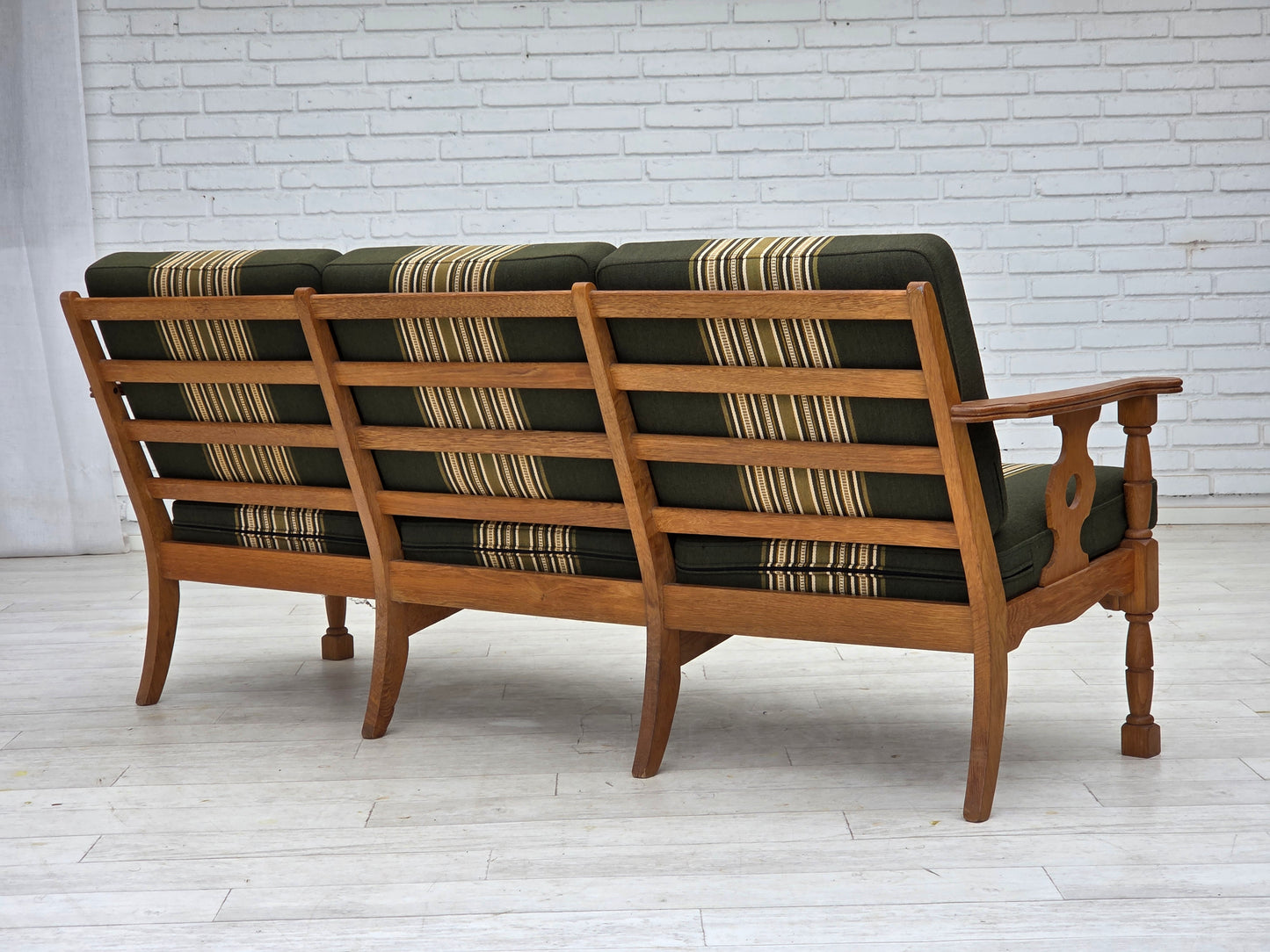 1970s, Danish 3-seater sofa, green furniture wool, solid oak wood.