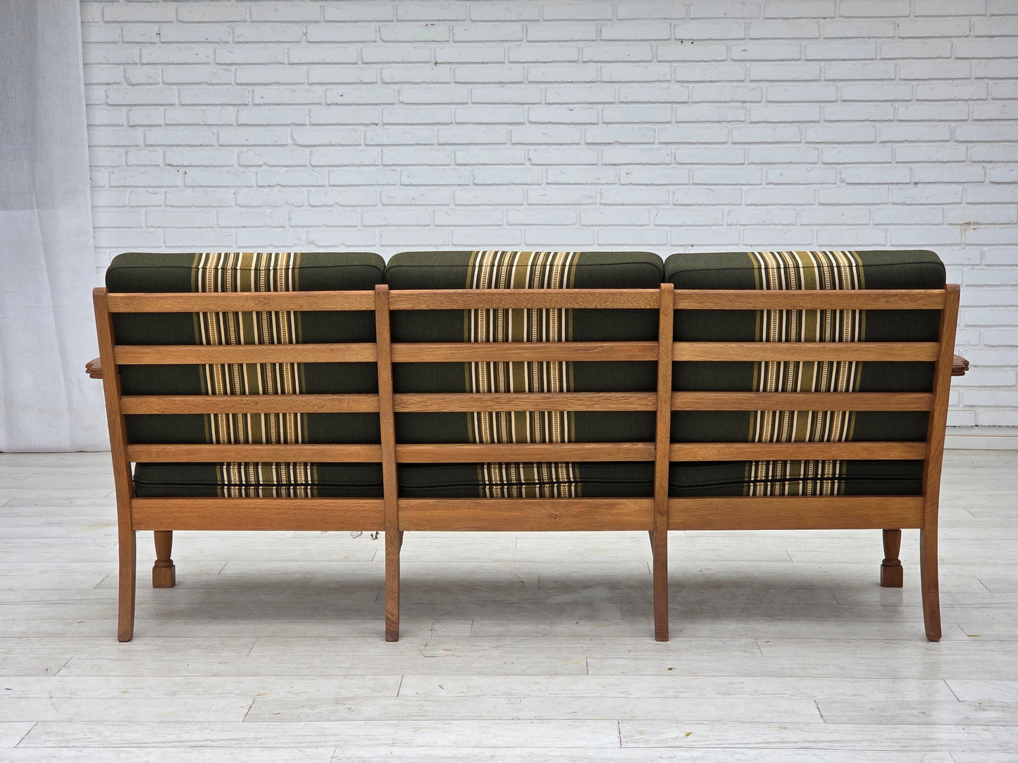 1970s, Danish 3-seater sofa, green furniture wool, solid oak wood.