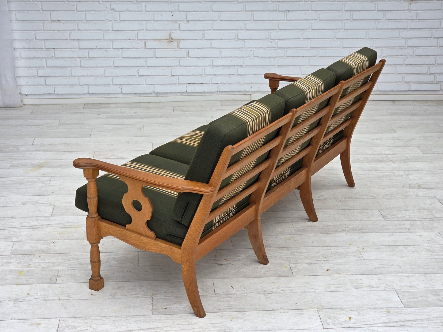 1970s, Danish 3-seater sofa, green furniture wool, solid oak wood.